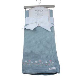 Bonbini NY Teal Blue Flower Embroidered Knit Baby Blanket Infant Girls NWT RARE